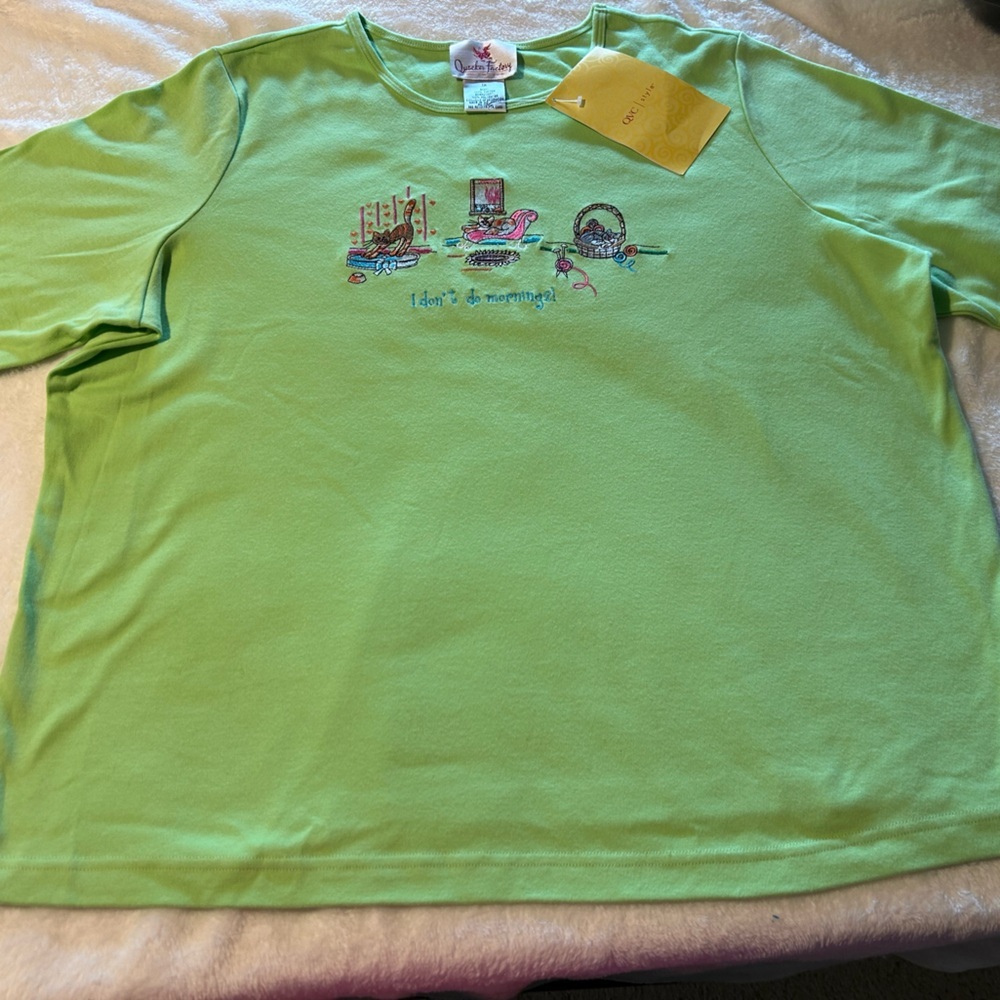 Quacker Factory Lime Green Short 3/4 Length Sleeve Cat Tee Size 1X